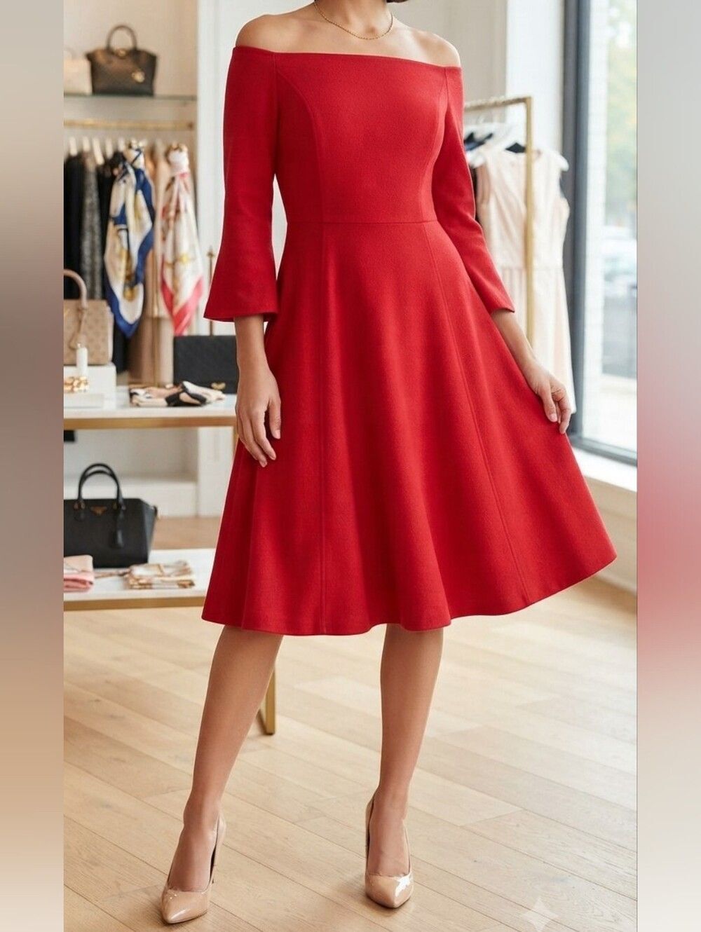 NWOT Lark & Ro Bright Red Off Shoulder Dress Size 4 Fit & Flare Cocktail Party